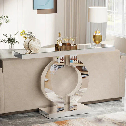 110cm Mirrored Console Table | Modern Silver Sofa Table with O-Shaped Base