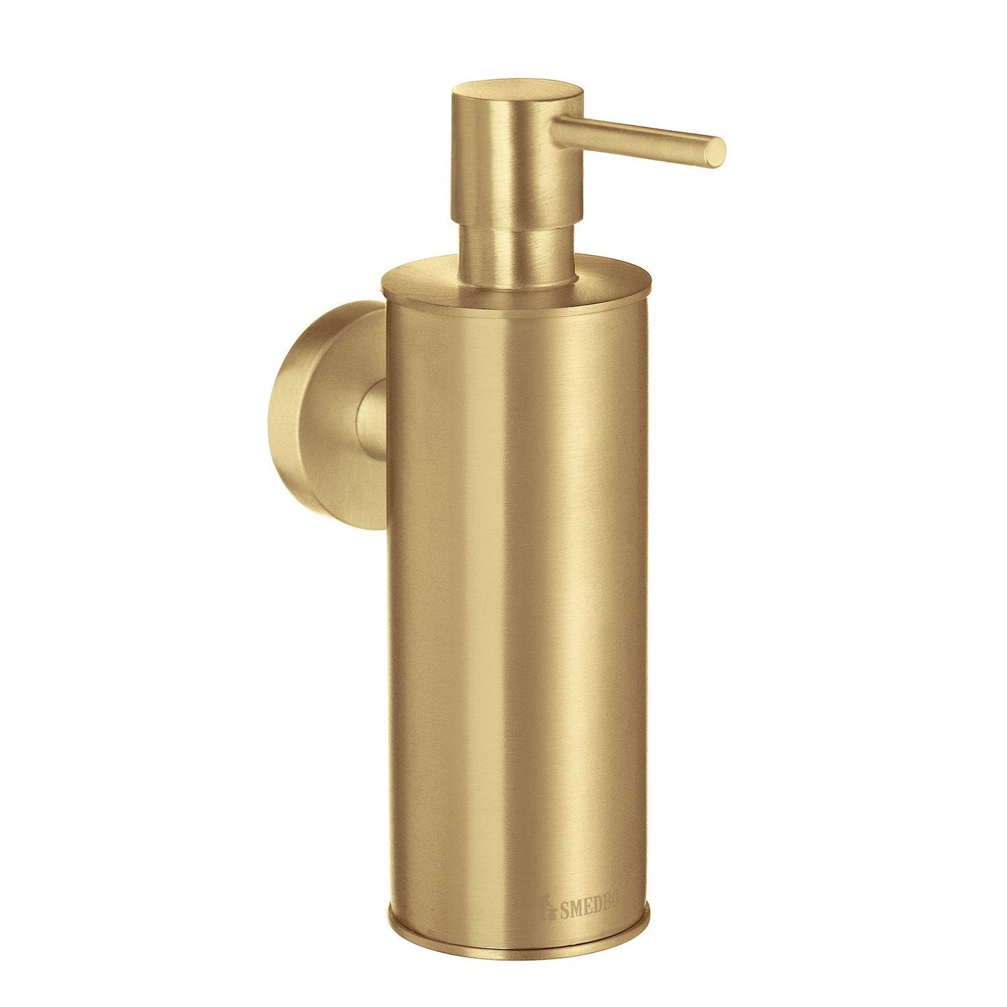 Brushed brass soap dispenser on a white background