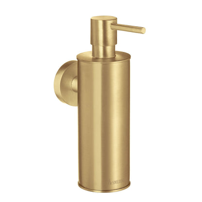 Brushed brass soap dispenser on a white background
