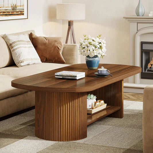 Modern Oval Walnut Coffee Table - Fluted Pedestal Base with Storage Shelf
