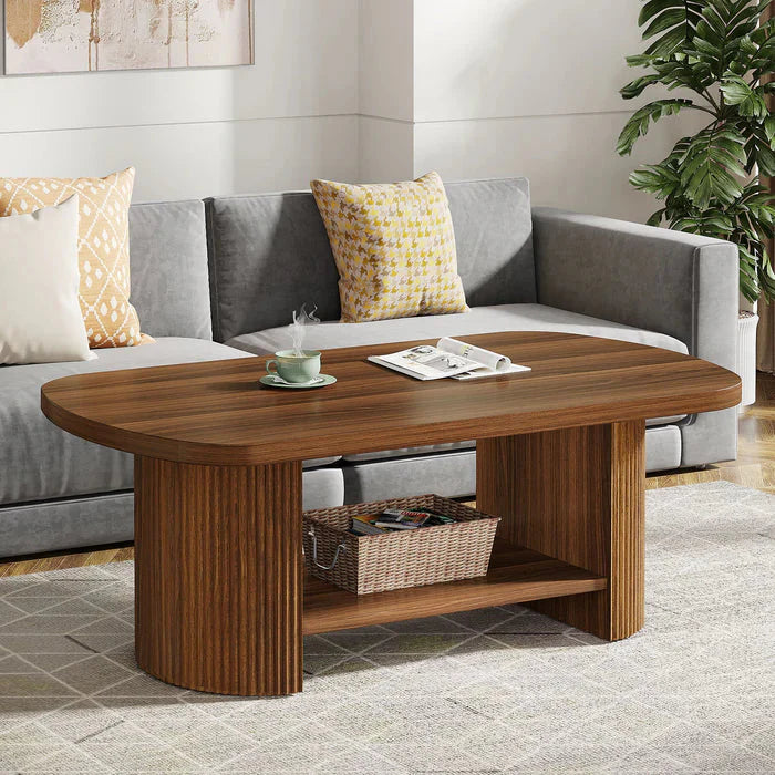 Modern Oval Walnut Coffee Table - Fluted Pedestal Base with Storage Shelf