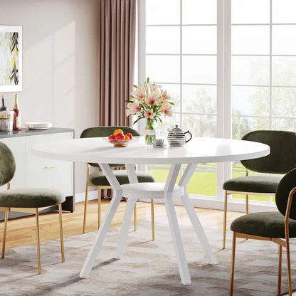 Modern White Round Dining Table - Minimalist Pedestal Base with Lower Shelf