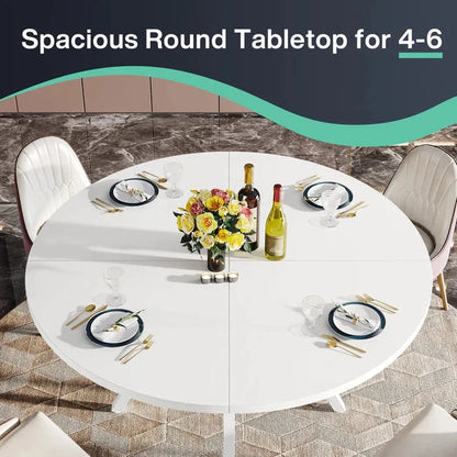 Modern White Round Dining Table - Minimalist Pedestal Base with Lower Shelf