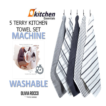 5 Pack Super Absorbent Check Quick Drying Cotton Terry Kitchen Tea Towels Durable Versatile Dish Towels for Home and Professional Use 45cm x 65cm by OLIVIA ROCCO
