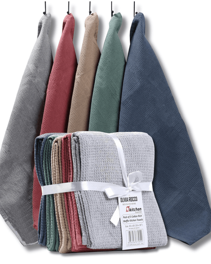 5 Pack Ultra Absorbent Waffle Kitchen Tea Towels High-Quality Soft Cotton Assorted Colours Durable for Home and Catering Use by OLIVIA ROCCO