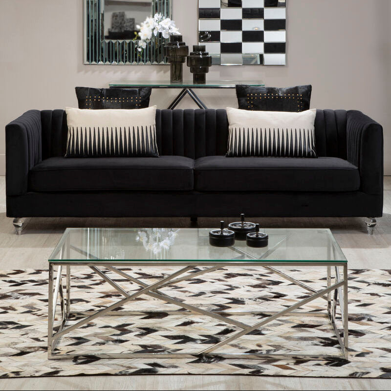 Allure Clear Glass Coffee Table with Geometric Champagne Finish Base