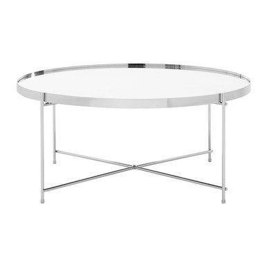 Round glass coffee table with metal frame on a white background