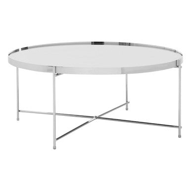 Round glass coffee table with metal frame on a white background