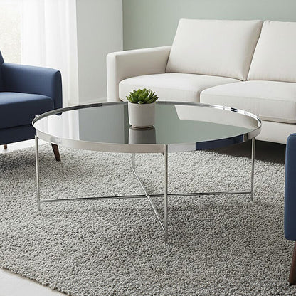 Modern living room with a glass coffee table, white sofa, and blue armchair.