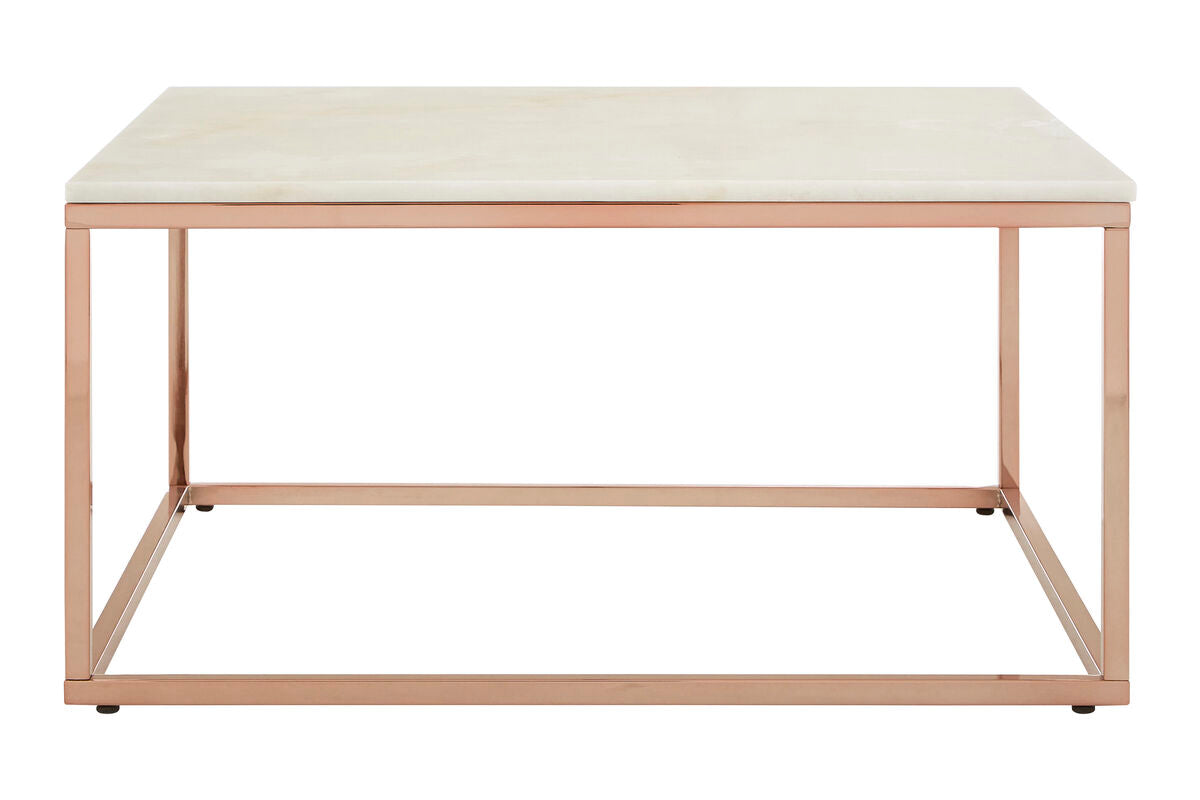Allure white marble square coffee table with rose gold finish base, front view
