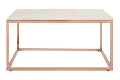 Allure white marble square coffee table with rose gold finish base, front view