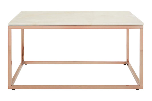 Allure white marble square coffee table with rose gold finish base, front view