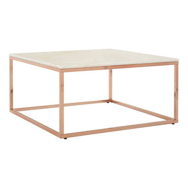 Allure white marble square coffee table with rose gold finish base, product view