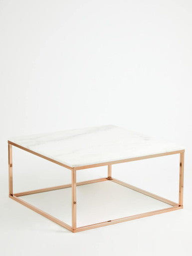 Allure white marble square coffee table with rose gold finish base, close up view 1