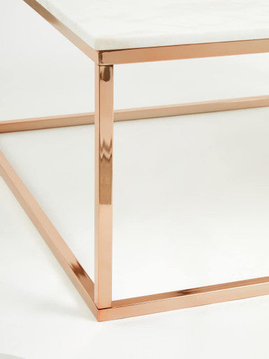 Allure white marble square coffee table with rose gold finish base, close up view 2