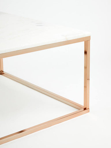 Allure white marble square coffee table with rose gold finish base, close up view 3