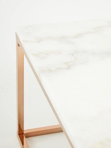 Allure white marble square coffee table with rose gold finish base, close up view 4