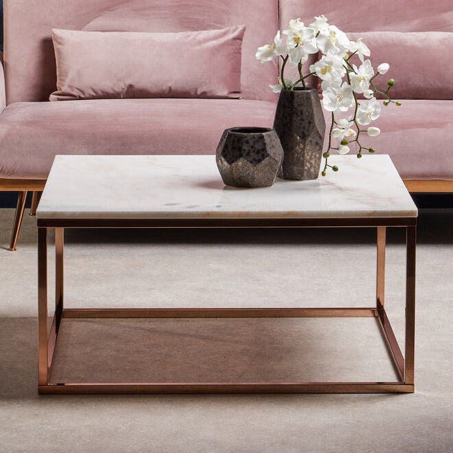 Allure white marble square coffee table with rose gold finish base, styled living room 1