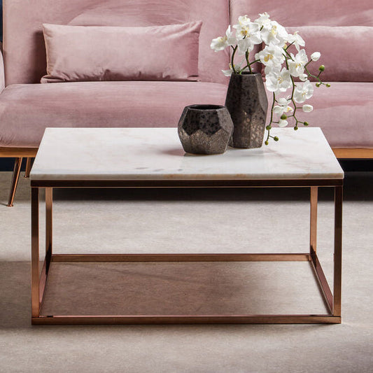 Allure white marble square coffee table with rose gold finish base, styled living room 1