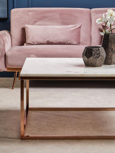 Allure white marble square coffee table with rose gold finish base, styled living room 2