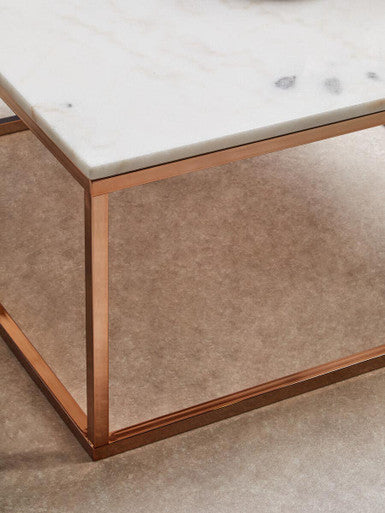 Allure white marble square coffee table with rose gold finish base, styled living room 3
