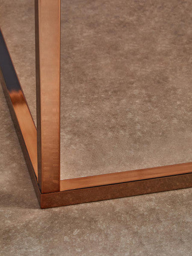 Allure white marble square coffee table with rose gold finish base, styled living room 4