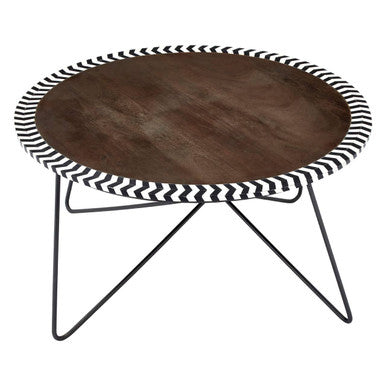 Artisan acacia wood round coffee table with mosaic edge, tabletop detail