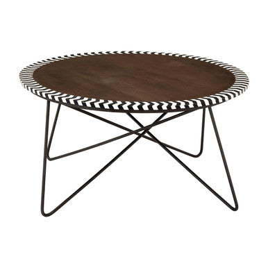 Artisan acacia wood round coffee table with mosaic edge, side angle