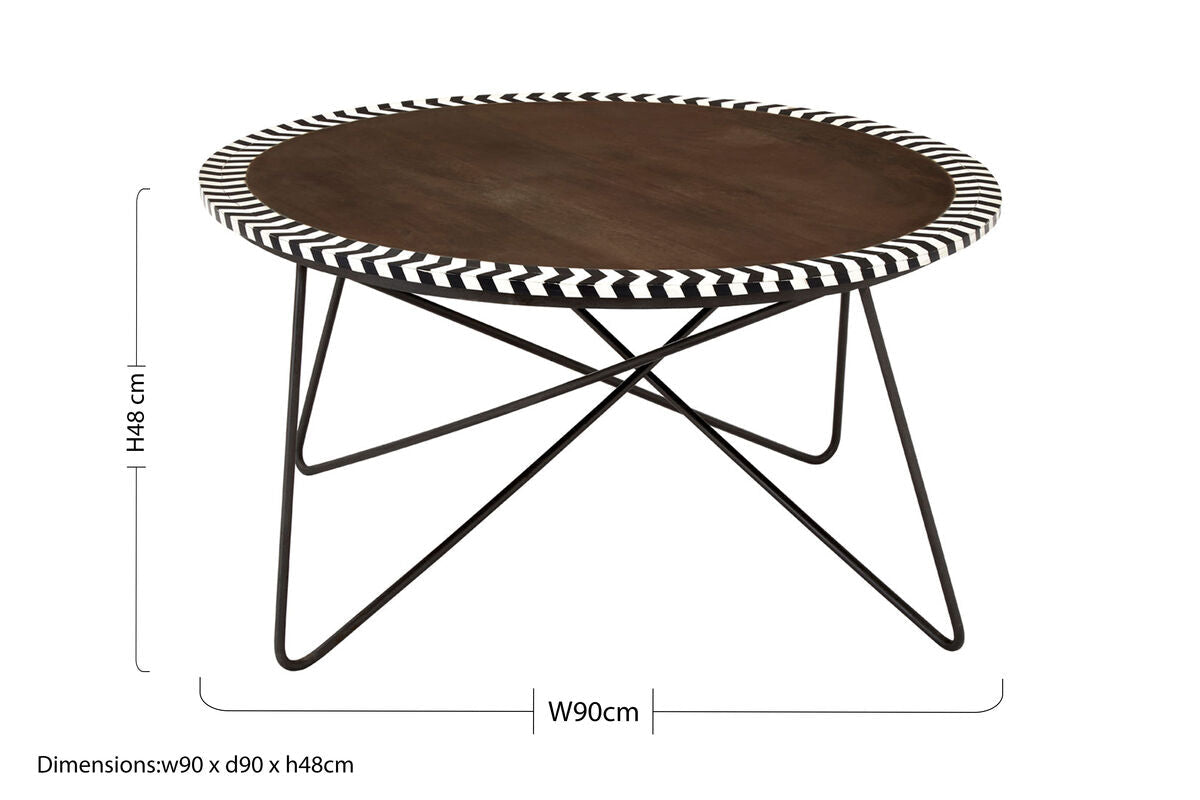 Artisan acacia wood round coffee table with mosaic edge, additional view
