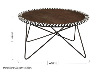 Artisan acacia wood round coffee table with mosaic edge, additional view
