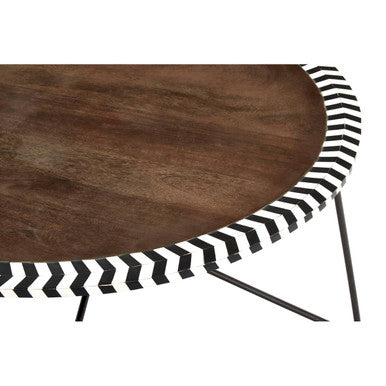 Artisan acacia wood round coffee table with mosaic edge, close up view 1