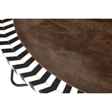 Artisan acacia wood round coffee table with mosaic edge, close up view 2