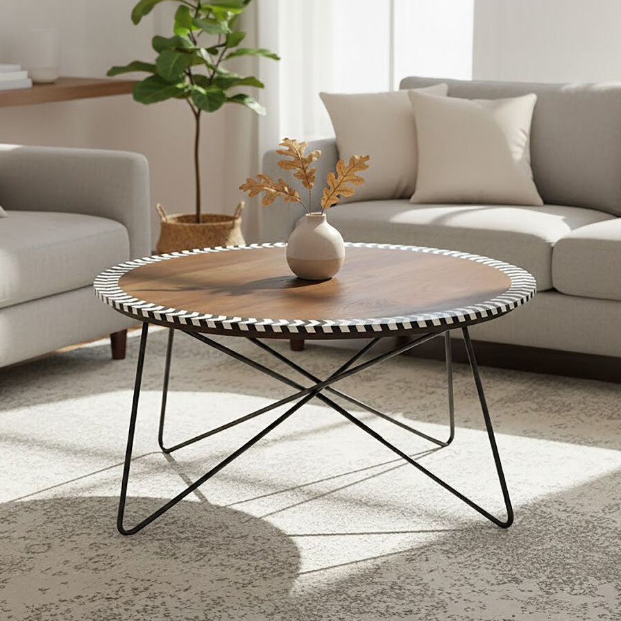 Artisan acacia wood round coffee table with mosaic edge, front view