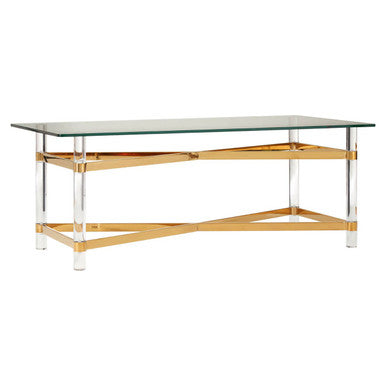 Glass-top table with wooden frame on a white background