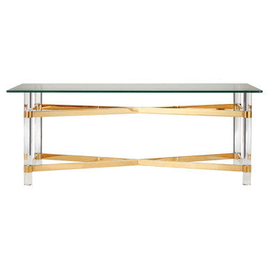 Glass table with gold metal frame on a white background