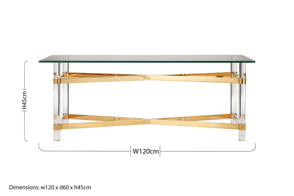 Glass console table with gold and silver base dimensions on a white background