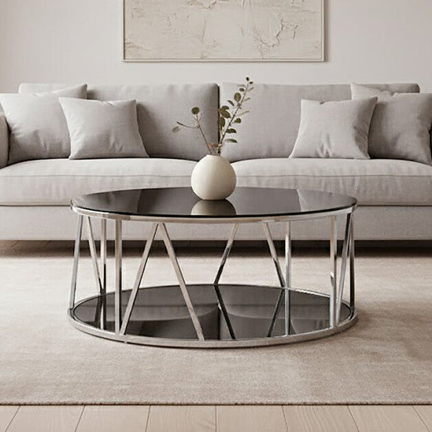 Alvaro Black Glass and Chrome Finish Round Coffee Table