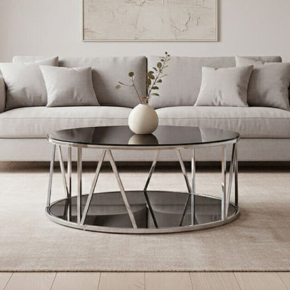 Alvaro Black Glass and Chrome Finish Round Coffee Table