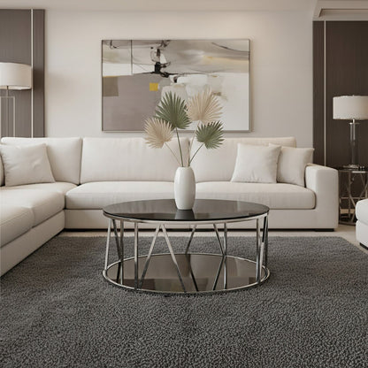 Alvaro Black Glass and Chrome Finish Round Coffee Table