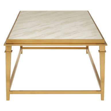 Alvaro white marble coffee table with gold finish frame, side angle