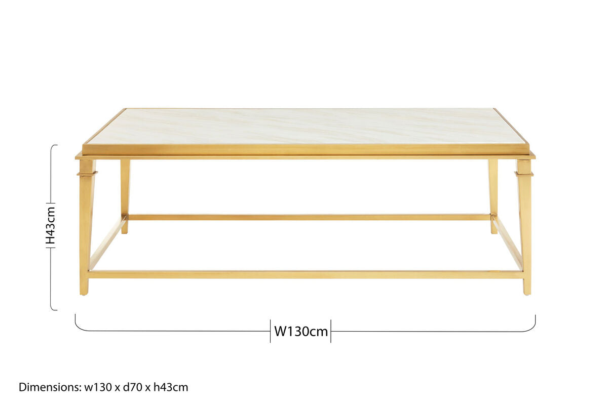 Alvaro white marble coffee table with gold finish frame, additional view