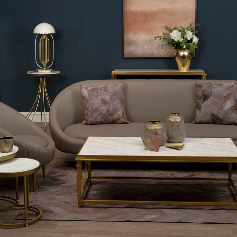 Alvaro white marble coffee table with gold finish frame, styled living room 3
