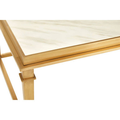 Alvaro white marble coffee table with gold finish frame, close up view 1
