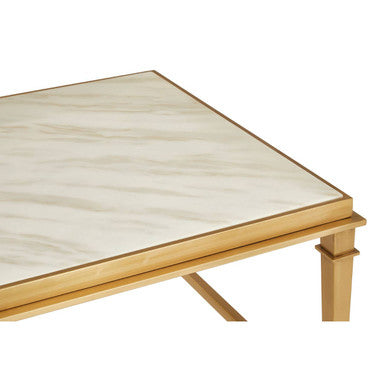 Alvaro white marble coffee table with gold finish frame, close up view 2