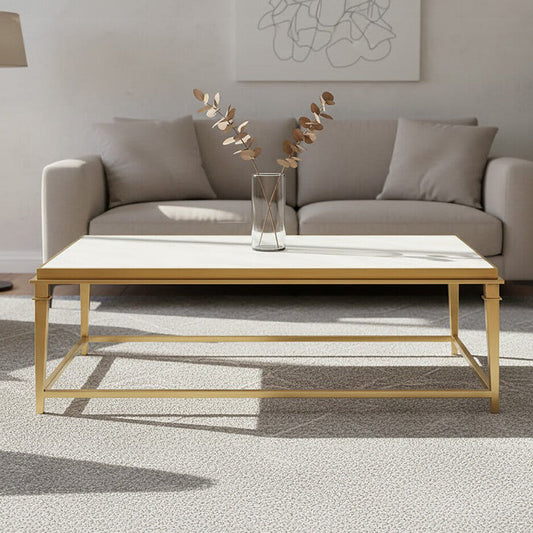 Alvaro white marble coffee table with gold finish frame, styled living room 1
