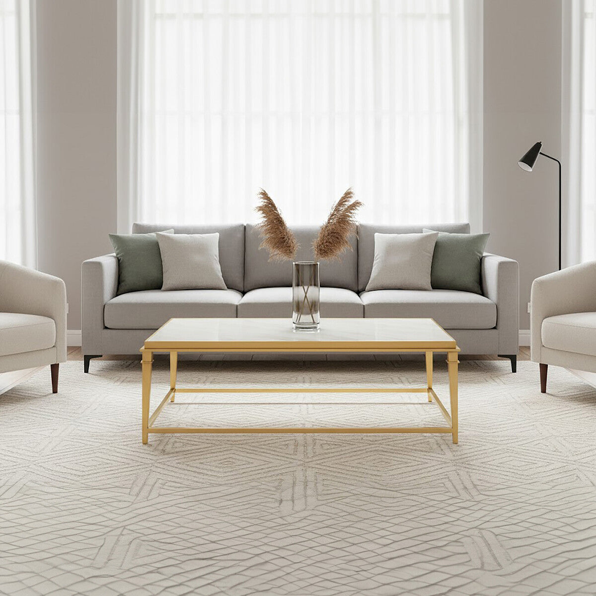 Alvaro white marble coffee table with gold finish frame, styled living room 2