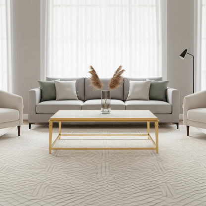 Alvaro white marble coffee table with gold finish frame, styled living room 2