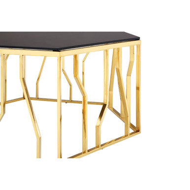 Console table with gold metal frame and black marble top on a white background