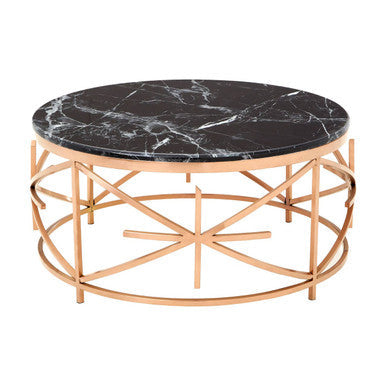 Alvaro black marble round coffee table with rose gold finish frame, product view