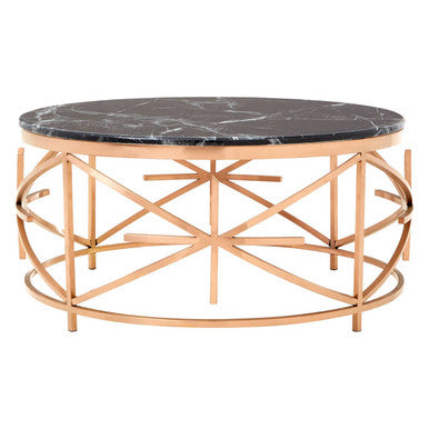 Alvaro black marble round coffee table with rose gold finish frame, front view